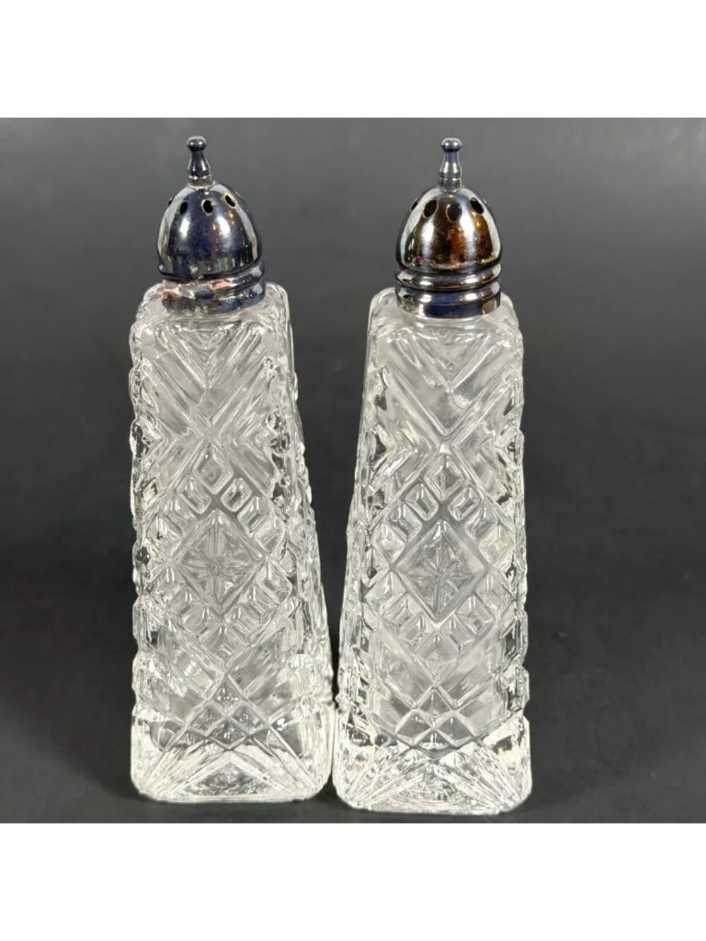 VTG 50s Crystal Salt Pepper Shakers Heavy Cut Glass Diamond Pattern AS IS Parts - Picture 12 of 14